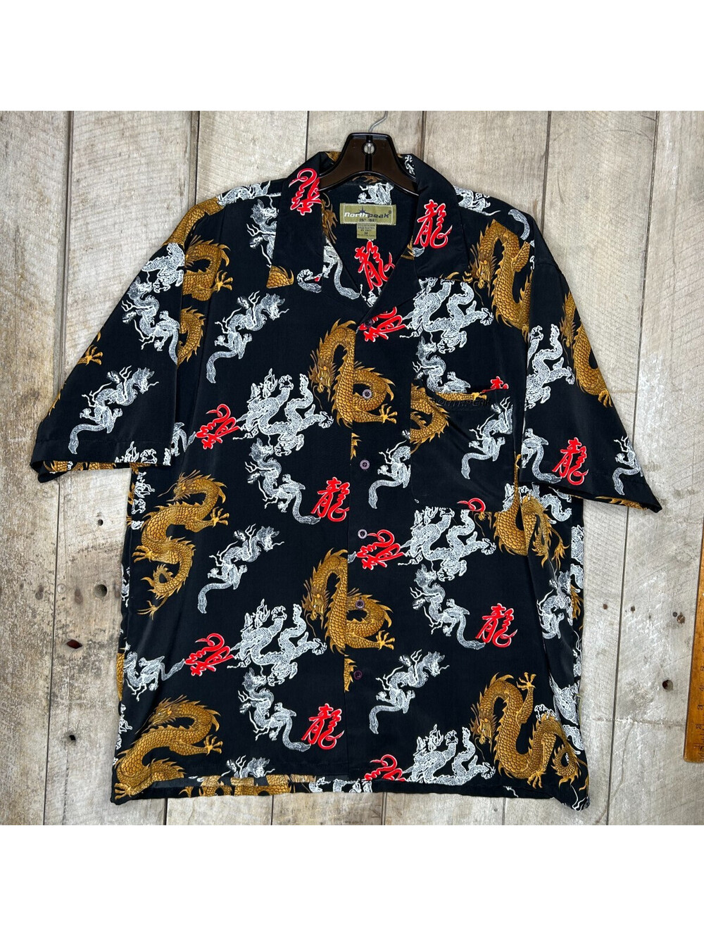 Northpeak Dragon Shirt Men’s M Black Gold Red Asian Print Hawaiian Aloha Style